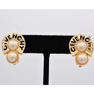 Givenchy Vintage Logo Clip On Earrings Pearl Drop Round Gold Signed 1980s Bin1